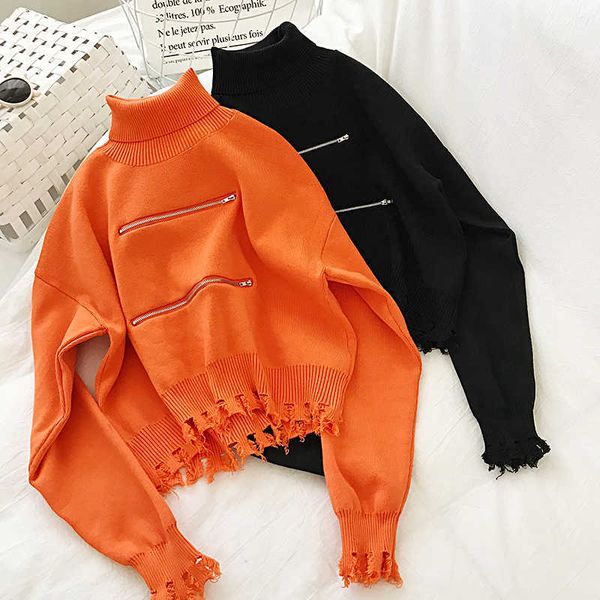 

women's sweaters 2022 new arrival turtleneck women sweaters vintage zipper batwing sleeve female pullovers zippers streetwear t221019, White;black