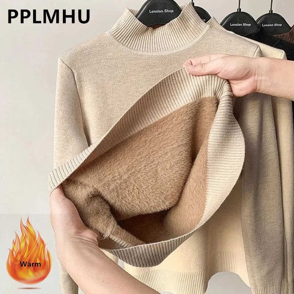 

women's sweaters korean turtleneck slim thicken plus velvet sweater woman 2022 winter knitted pullovers casual fleece lined warm knitwe, White;black