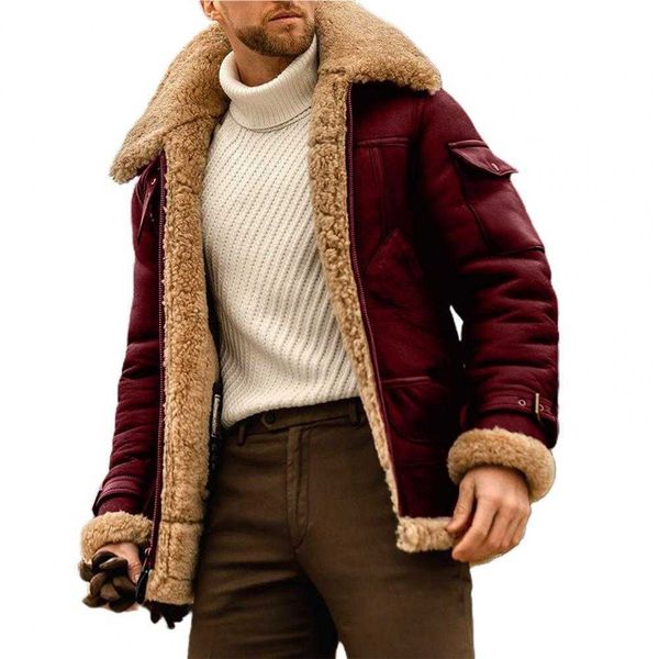 

men's fur faux fur male jacket turn-down collar pockets polyester zipper closure winter coat for outdoor t221007, Black