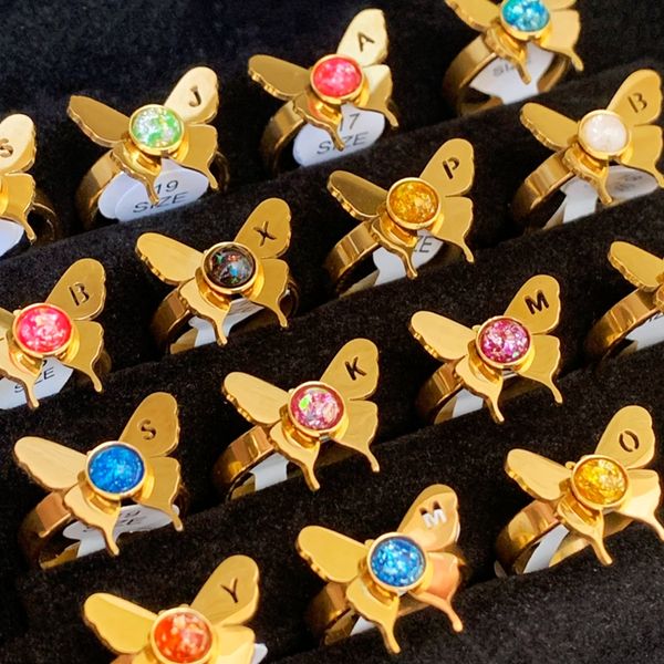 

bulk lots 30pcs cute colorful butterfly rings stainless steel luxury women girls letters personality party birthday gifts animals jewelry wh, Silver