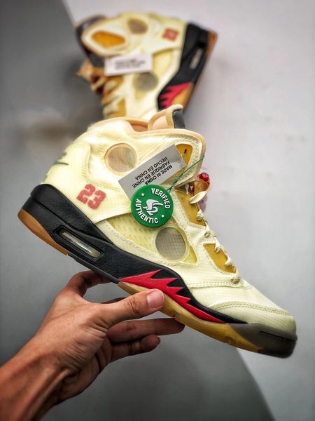 

2022 authentic sail 5 high off men shoes white fire red-muslin-black yellow metallic 5s outdoor sneakers with original box size 7-13