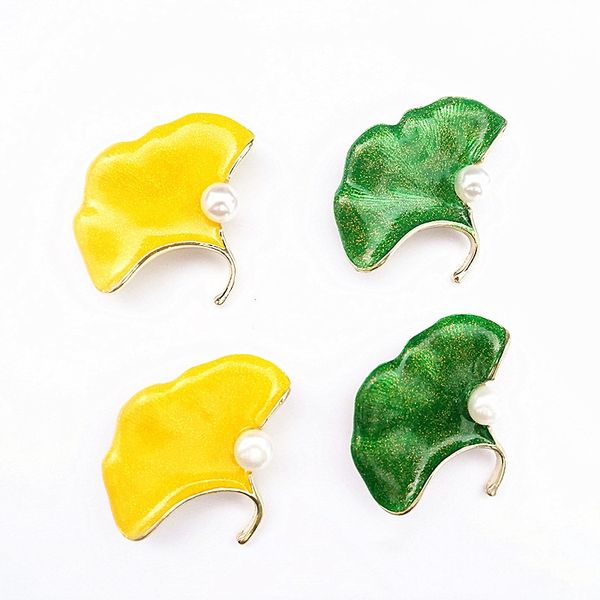 

gold green ginkgo leaf pearl brooch chinese enamel brooches pins can also be used as necklace pendant women accessories, Gray