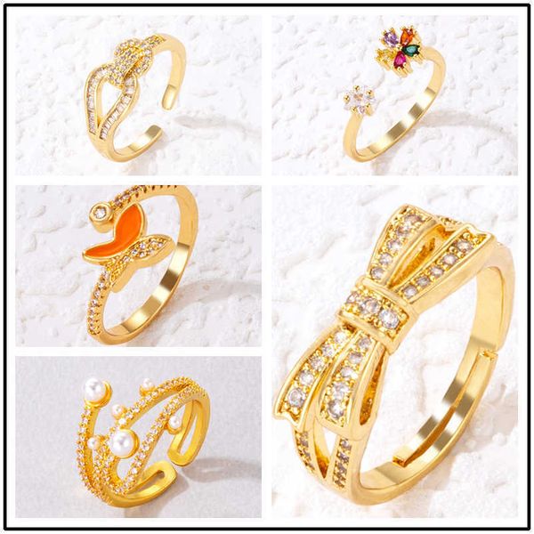 

fashion niche bow knot flower set diamond single ring geometric butterfly pearl opening ring, Silver