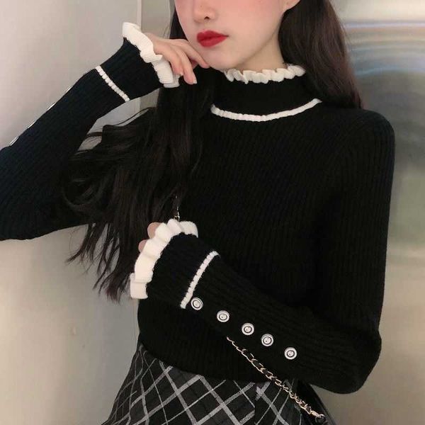 

women's sweaters woman sweaters women's autumn winter 2020 vintage lace stitching sweater turtleneck femme chandails pull hiver t2, White;black