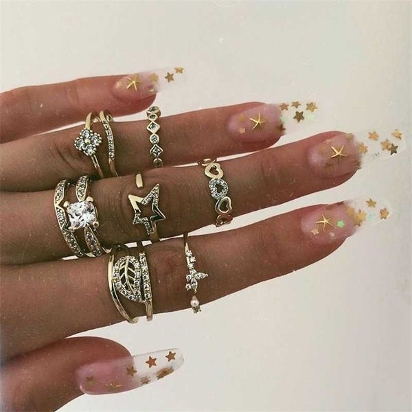 

new ring set love leaf set diamond open geometric star nine piece, Silver