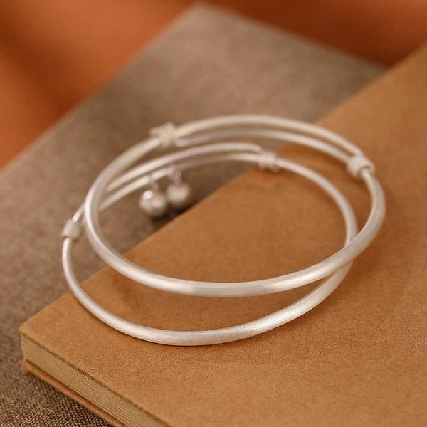 

vintage s999 sterling silver bangles 14g jewelry bell matte silver adjustable bangles bracelet for women wedding engagement 010, Black