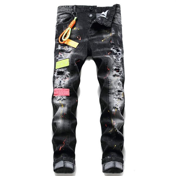 

men badge rips stretch black jeans fashion slim fit washed motocycle denim pants men's panelled hip hop trousers for male 107194s, Blue