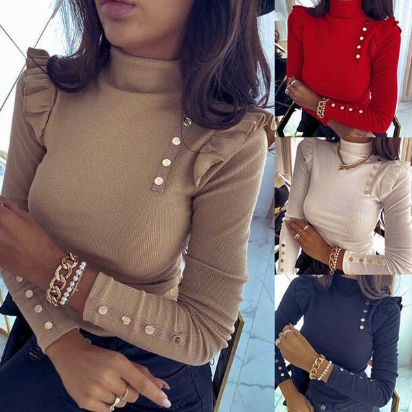 

women's sweaters pullover turtleneck sweater women autumn winter new button solid bottom knitted sweater women ruffles long sleeve knit, White;black