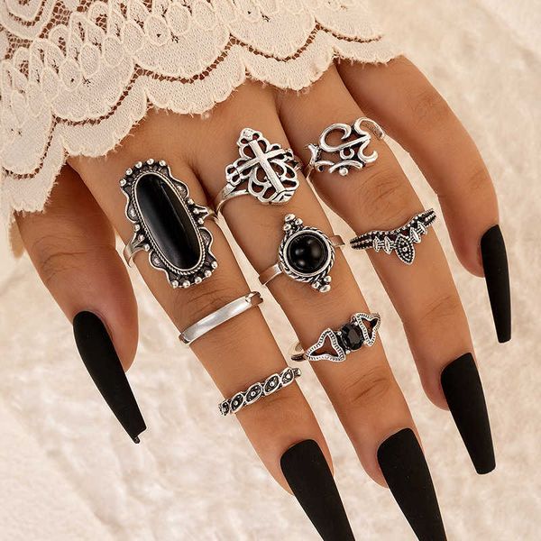 

new fashion personality black diamond cross flower alloy ring set of eight, Silver