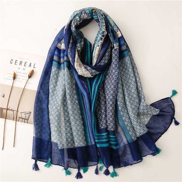 

scarves cotton hemp feel geometric small grid printed scarfs for women stylish, Blue;gray