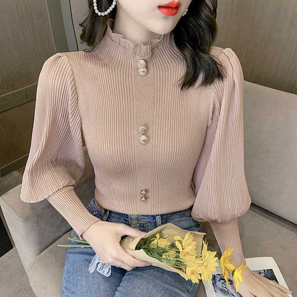 

women's sweaters patched full chiffon lantern sleeve knitted sweaters jumpers crop girls turtleneck solid buttons sweater pullovers wo, White;black