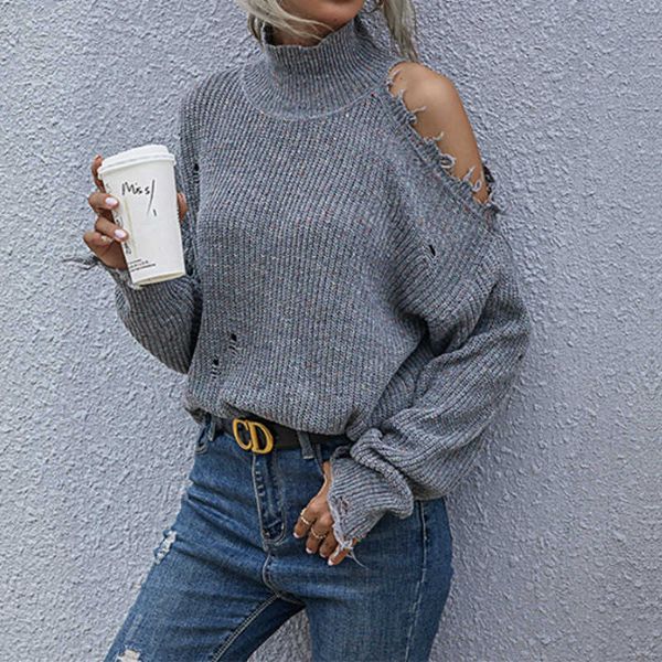 

women's sweaters women irregular sweater knitted hole pullover turtleneck sweater for women new style loose fashion lady ripped sweater, White;black