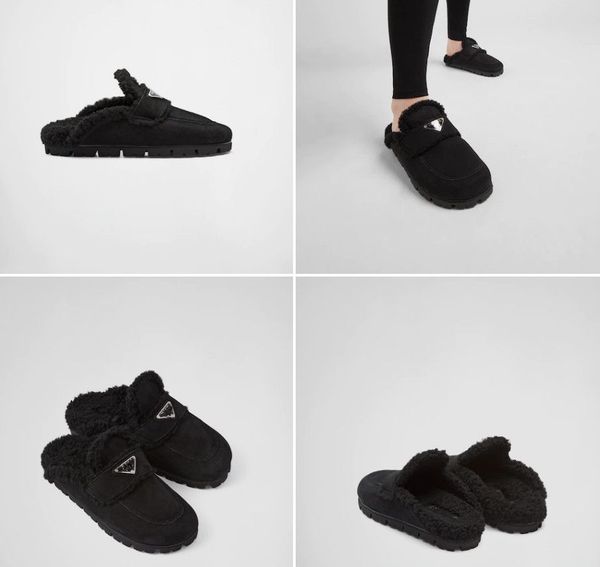 

casual shoes winter warm shearling slippers women indoor/outdoor platform women width cotton suede slides, Black