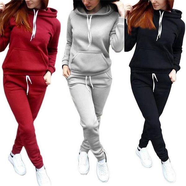 

women's tracksuits 2pcs set women hoodies hooded cotton long sleeve sweatshirt sweat pants woman autumn winter warm outf229w, Gray