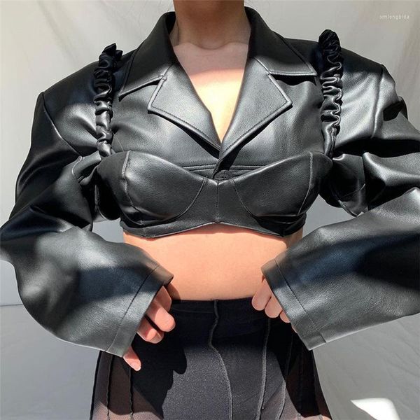 

women's jackets 2 piece women bra long sleeve crop matching set 2022 autumn winter streetwear pu leather cropped jacket outfits, Black;brown