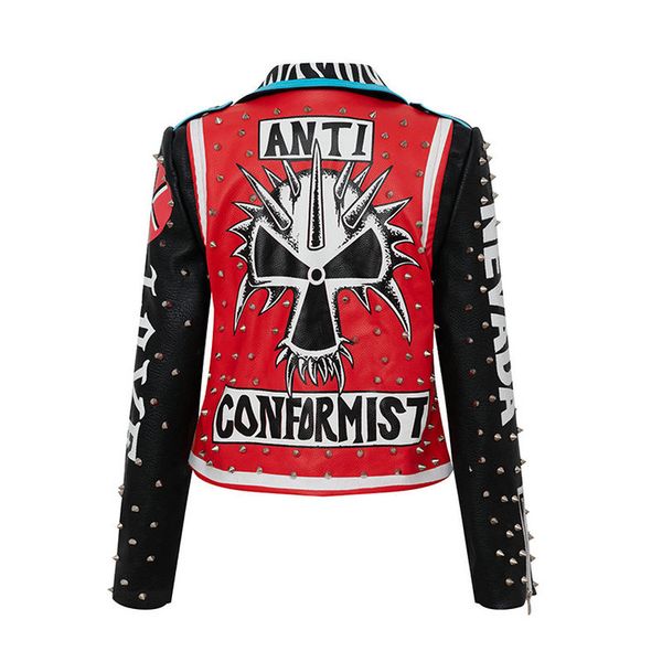 

women's autumn/winter new leather coat street style punk motorcycle personality graffiti print pocket lapel zip-up jacket, Black