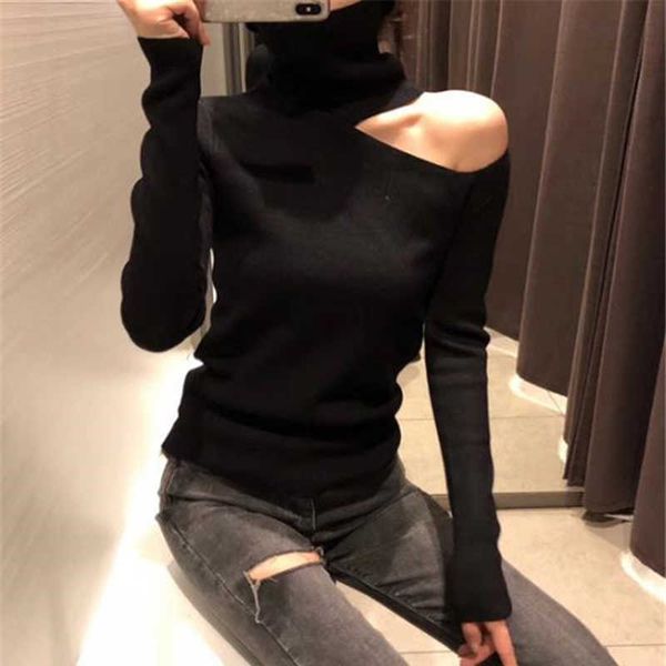 

women's sweaters 2021 knitted sweater off shoulder pullovers sweater for women long sleeve turtleneck female jumper black white clothin, White;black