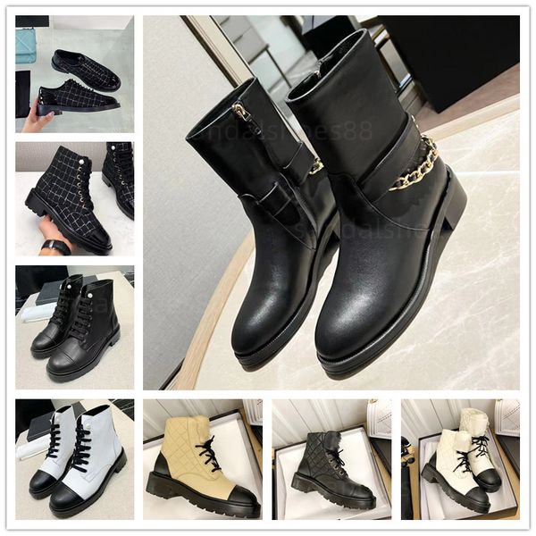 

ankle boots chunky martin boot combat booties riding boots pearl lace up real leather cap toe chain calfskin platform designer shoes, Black