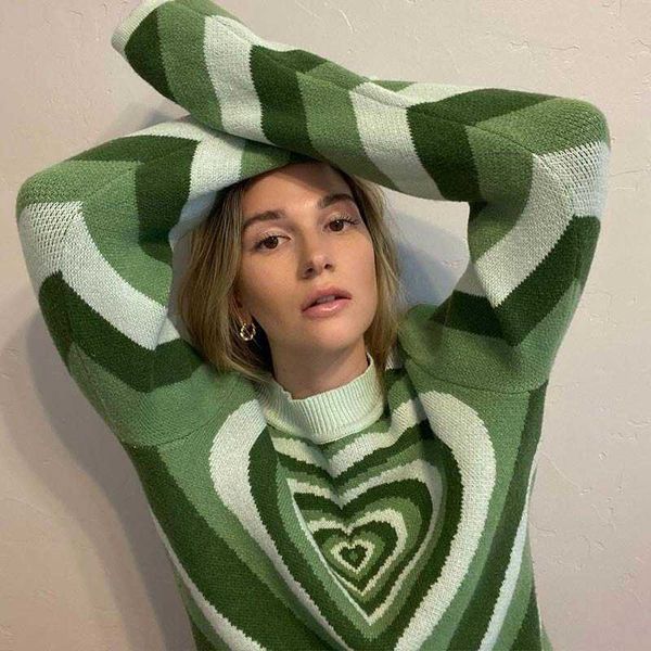 

women's sweaters y2k aesthetics knit sweater women jumper heart striped turtleneck green sweaters e-girl pullover long sleeve winter kn, White;black