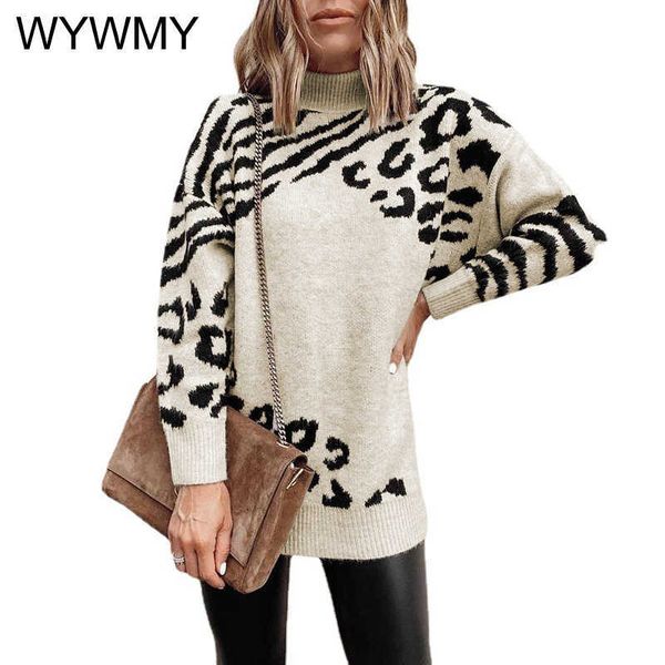 

women's sweaters wywmy 2022 autumn winter new high neck leopard sweater women turtleneck sweaters female casual long sleeve slim knitte, White;black