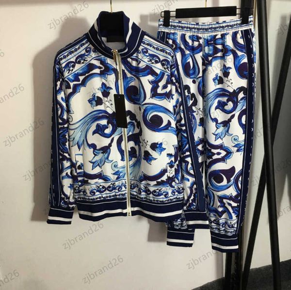

womens two piece pants long sleeve zipper collar blue and white porcelain print coat side lettered webbing slacks trousers women clothes 19