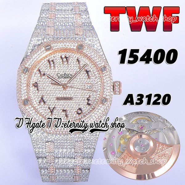 

2022 twf v2 tw15400 a3120 automatic mens watch paved diamond arabic dial fully iced out stainless steel side with diamonds two tone bracelet, Slivery;brown