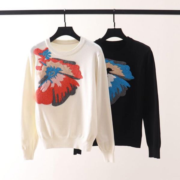 

autumn winter sweater fashion flocking flowers o collar long sleeve pullover femme casual warm w324, White;black