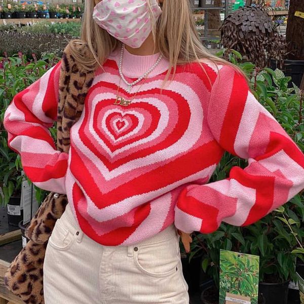 

women's sweaters y2k knitted sweater aesthetics heart striped pullovers sweater girls sweet long sleeve turtleneck jumper autumn street, White;black