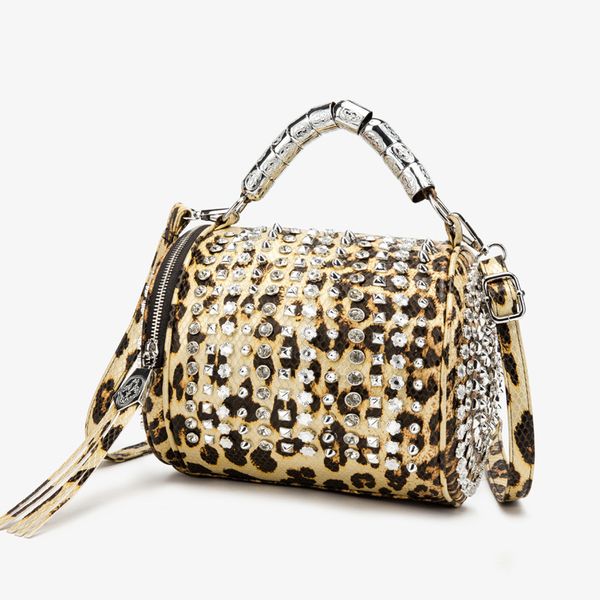 

leopard rivet bucket bag fringe pillow round beads handle shoulder crossbody bag