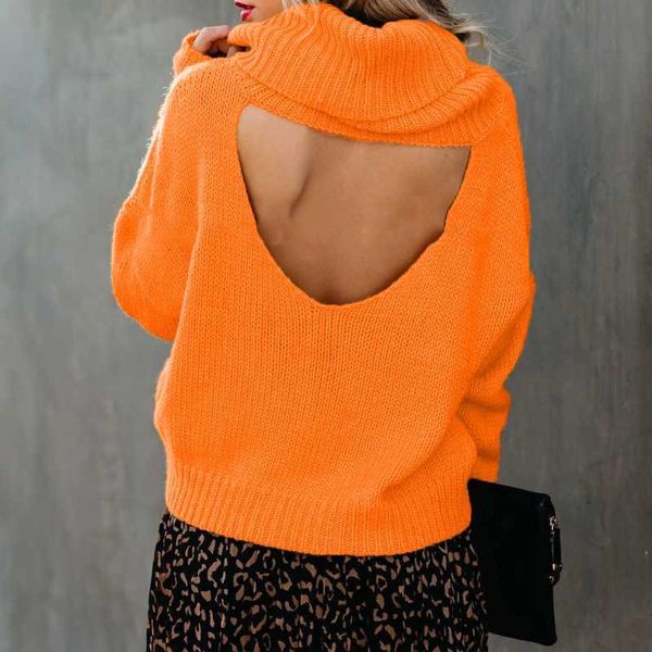 

women's sweaters neon orange loose fitting turtleneck women sweaters fall 2022 autumn winter pullovers backless knitted pullovers pr30, White;black