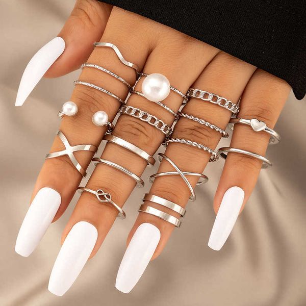 

jewelry pearl inlaid fried dough twist 16 piece ring set love cross ring set, Silver