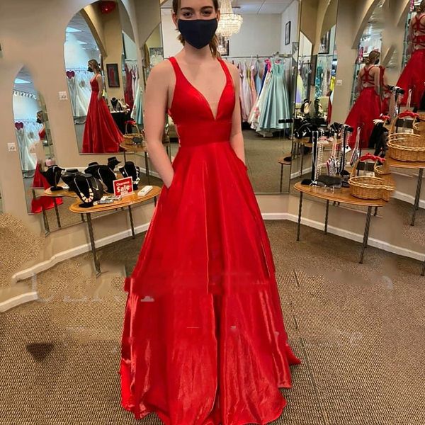 

red a line satin prom dresses sweetheart sleeveless long evening robe de bal pockets dubai gowns, Black