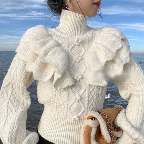 

women's sweaters autumn winter women vintage pullovers sweaters 2022 korean fashion turtleneck long sleeve ruffles elegant sweater suet, White;black