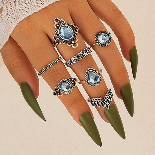 

jewelry blue diamond set water drop ring set leaves hollow seven piece, Silver