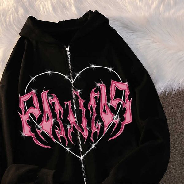 

women's hoodies sweatshirts y2k zip-up hoodie women 2022 graffiti heart letter print sweatshirt hip hop streetwear fall harajuku oversi, Black