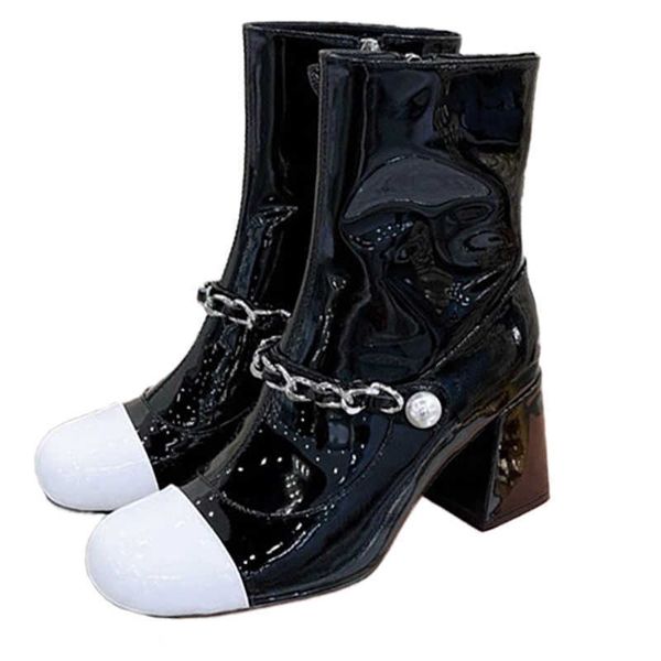 

boots small boots round toe thick heel chain splice side zipper martin boots, Black