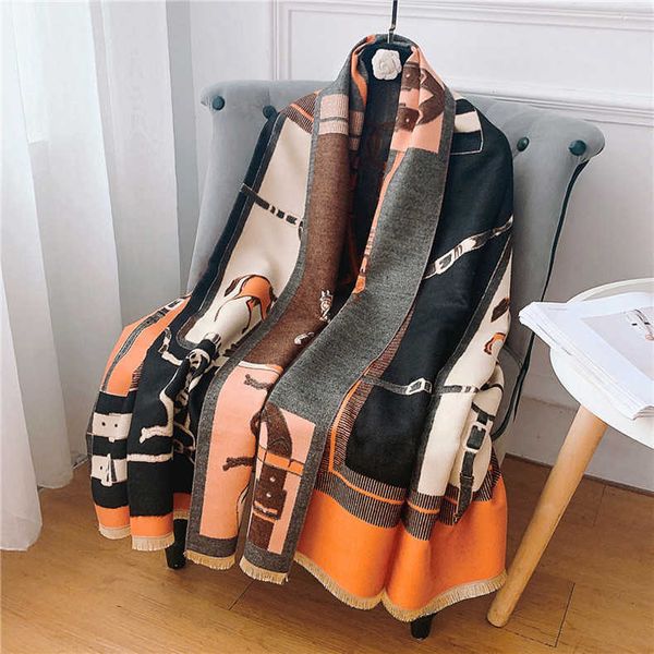 

scarves 2022 luxury thick digner brands scarv for women oversized winter cashmere chain horse pattern scarf shawl, Blue;gray