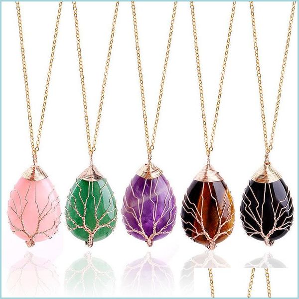 

pendant necklaces oval natural stone necklace pendant jewelry copper line wrapped tree of life necklaces for women charm drop deliver dhz1i, Silver