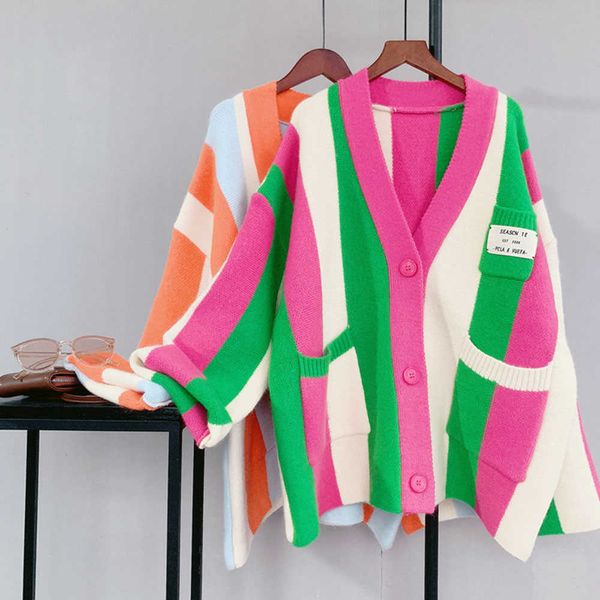 

women's sweaters new women girl fall winter cardigans full sleeve knitted v neck basic knitwear rainbow jacket loose, White;black