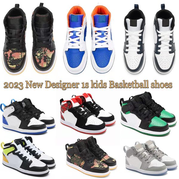 

2023 1 1s kids basketball shoes paint drip light smoke grey pink quartz shadow lucky green boys girls toddler sneakers with box