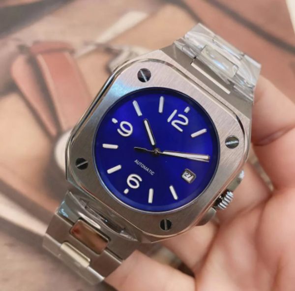 

automatic mechanical mens watches watch blue dial with stainless steel bracelet 904l br 05 date squar case limited wristwatches gift, Slivery;brown