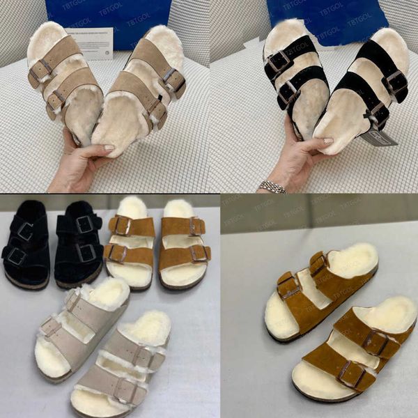

australia designer ariat slippers fluffy wool boston birkin slippers pull cork sandales suede slides fur wool plush warm slipper comfort wom, Black