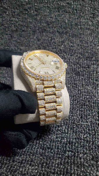 

yg2h wristwatches 2022 new iced out diamonds watch pass tt eta 3255 movement mechanical yellow gold men luxurywatch box include, Slivery;brown