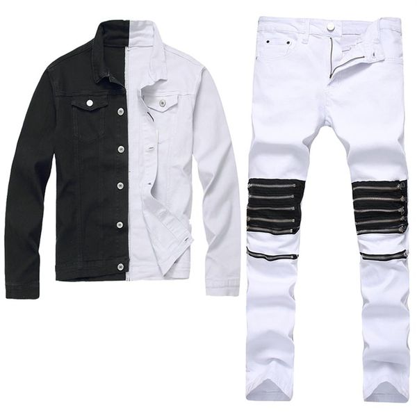 

men's slim fit tracksuits denim jacket pants 2pcs set black and white two-color long sleeve coat ripped holes zipper decora260l, Gray