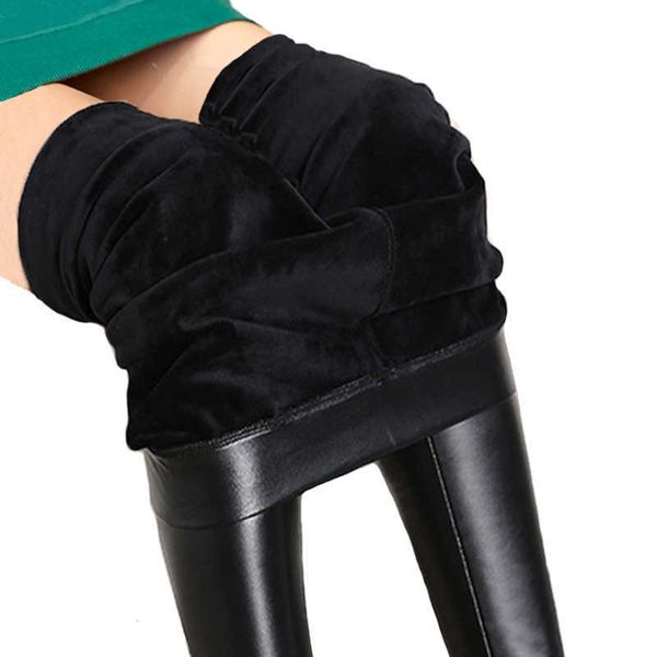 

women's leggings thick winter women pants warm tights casual velvet femme pu high waist legging black leather 5xl t221020