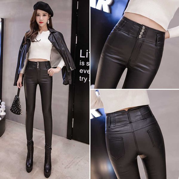 

women's leggings winter warm women pants dropshipping female pu leather velvet trousers elastic pencil skinny pants women's tight, Black