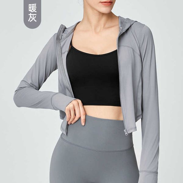

lu-408 fall nude sports coat zipper hoodie yoga outfits shirt long sleeve jacket hollow meshh fitness top, Gray