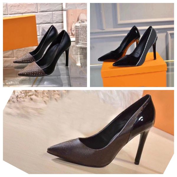 

classic high-heeled boat shoe designer leather rivet thick heel high heels 100% cowhide metal button women pointed letter dress shoes large, Black
