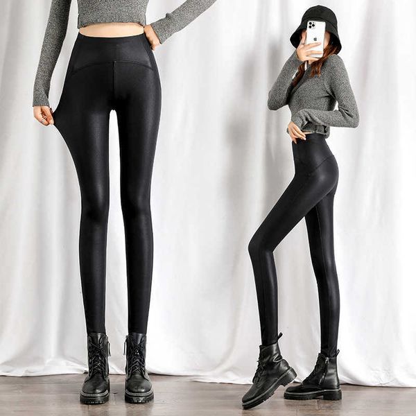 

women's leggings autumn winter black fleece matte leather leggings women's high waist lift buttock trousers slim skinny legging pa