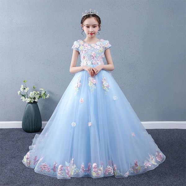 

2023 elegant flower girls dresses for weddings jewel neck long train lace appliques party birthday children communion girl pageant gowns, White;blue